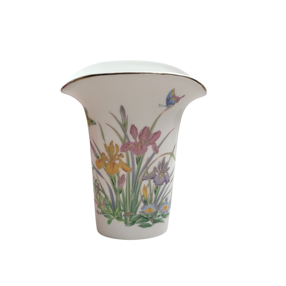 Floral Butterfly Ceramic Vase Flared Gold Rim White Iris Botanical Decor 6.5in